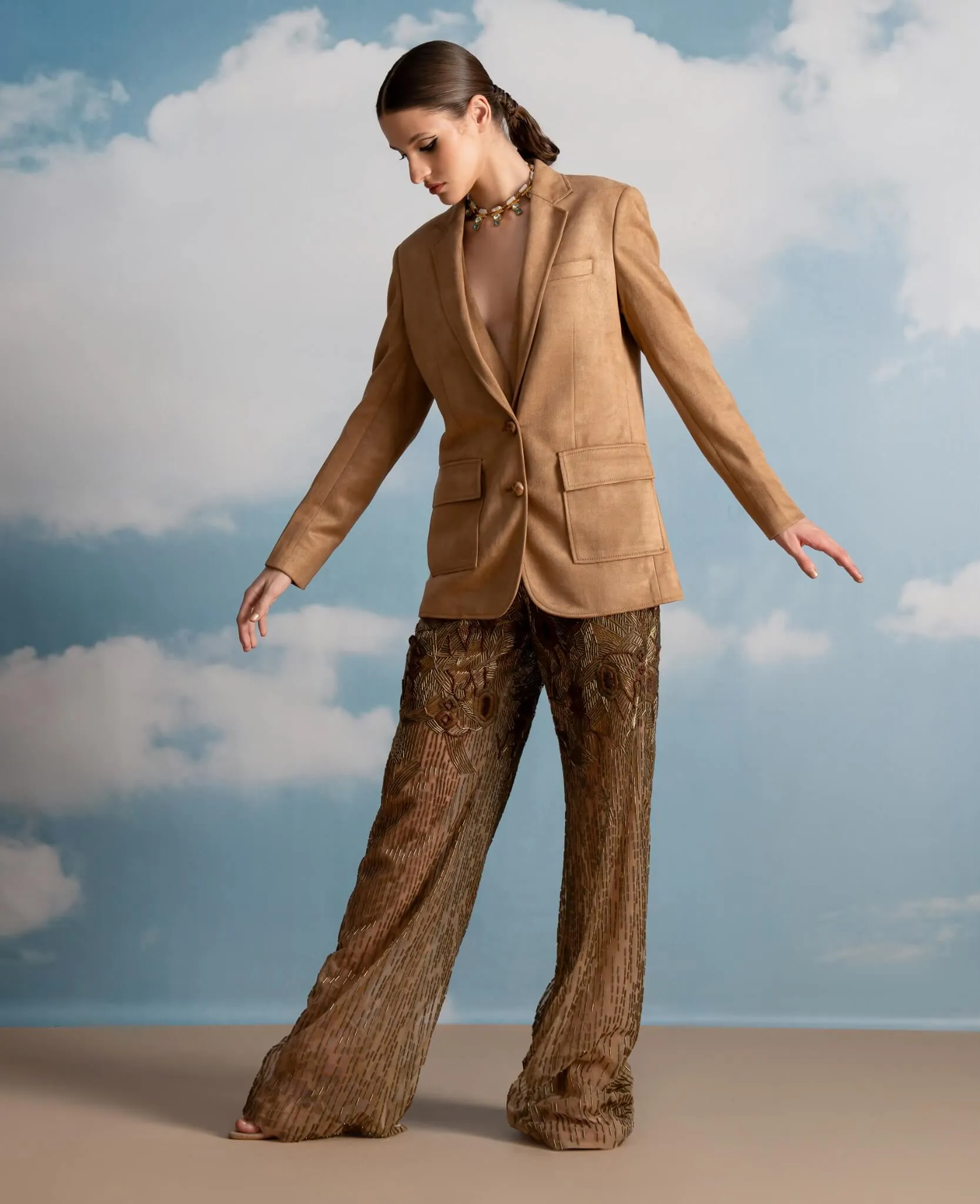 Beige suede jacket, waistcoat and pants