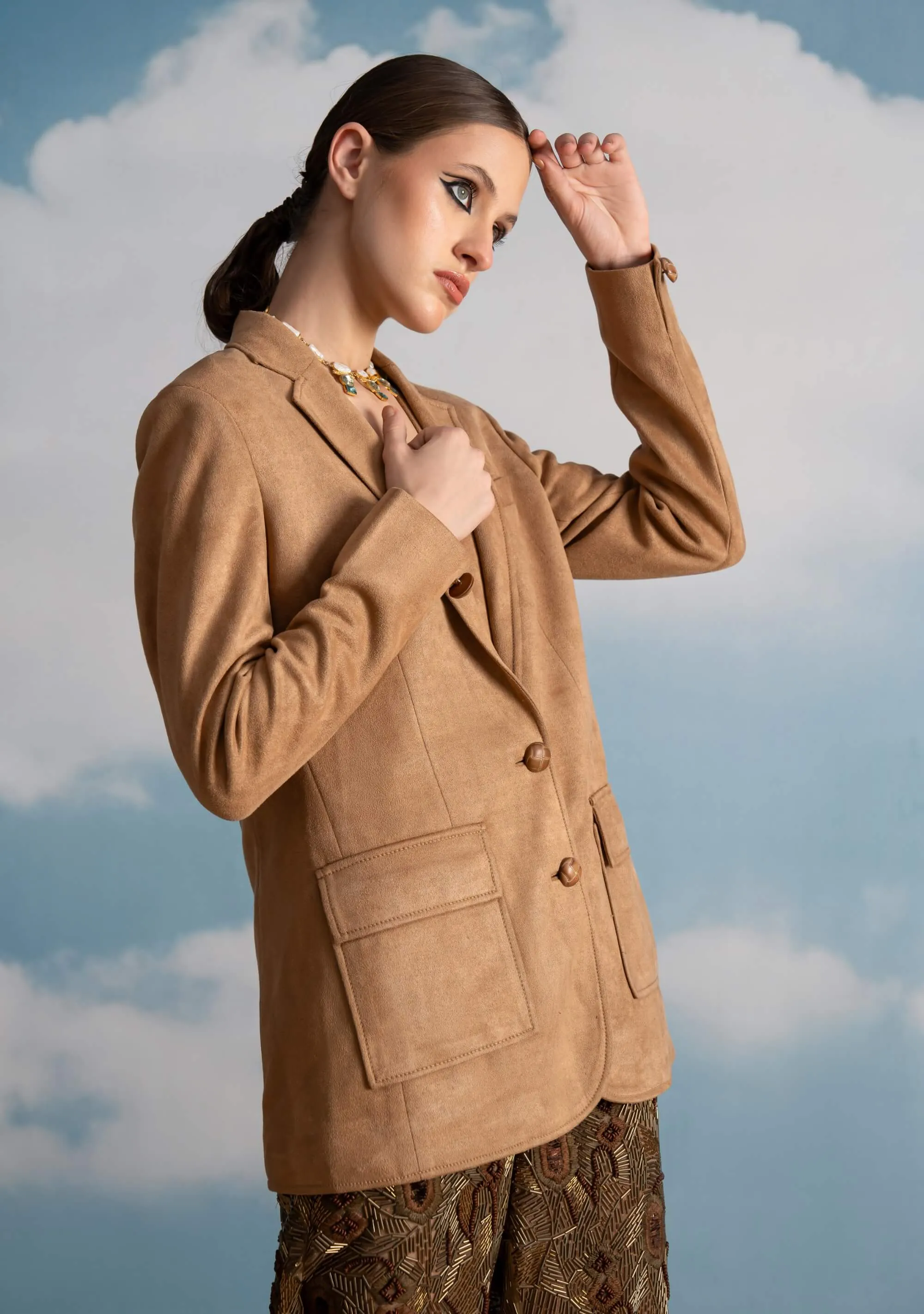 Beige suede jacket, waistcoat and pants