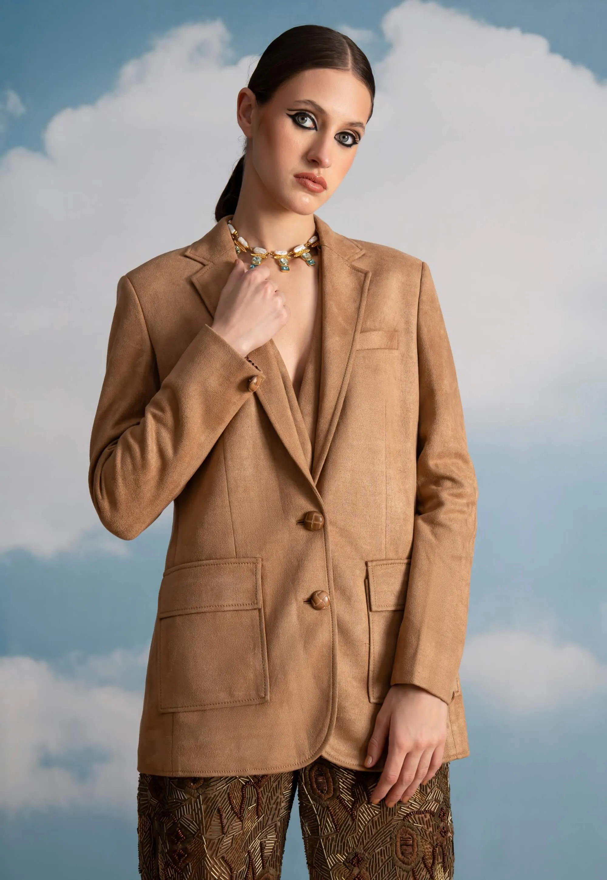 Beige suede jacket, waistcoat and pants