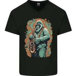 Bigfoot Playing the Saxophone Ape Gorilla Mens V-Neck Cotton T-Shirt