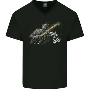 Blues n Jazz Guitar Player Mens V-Neck Cotton T-Shirt