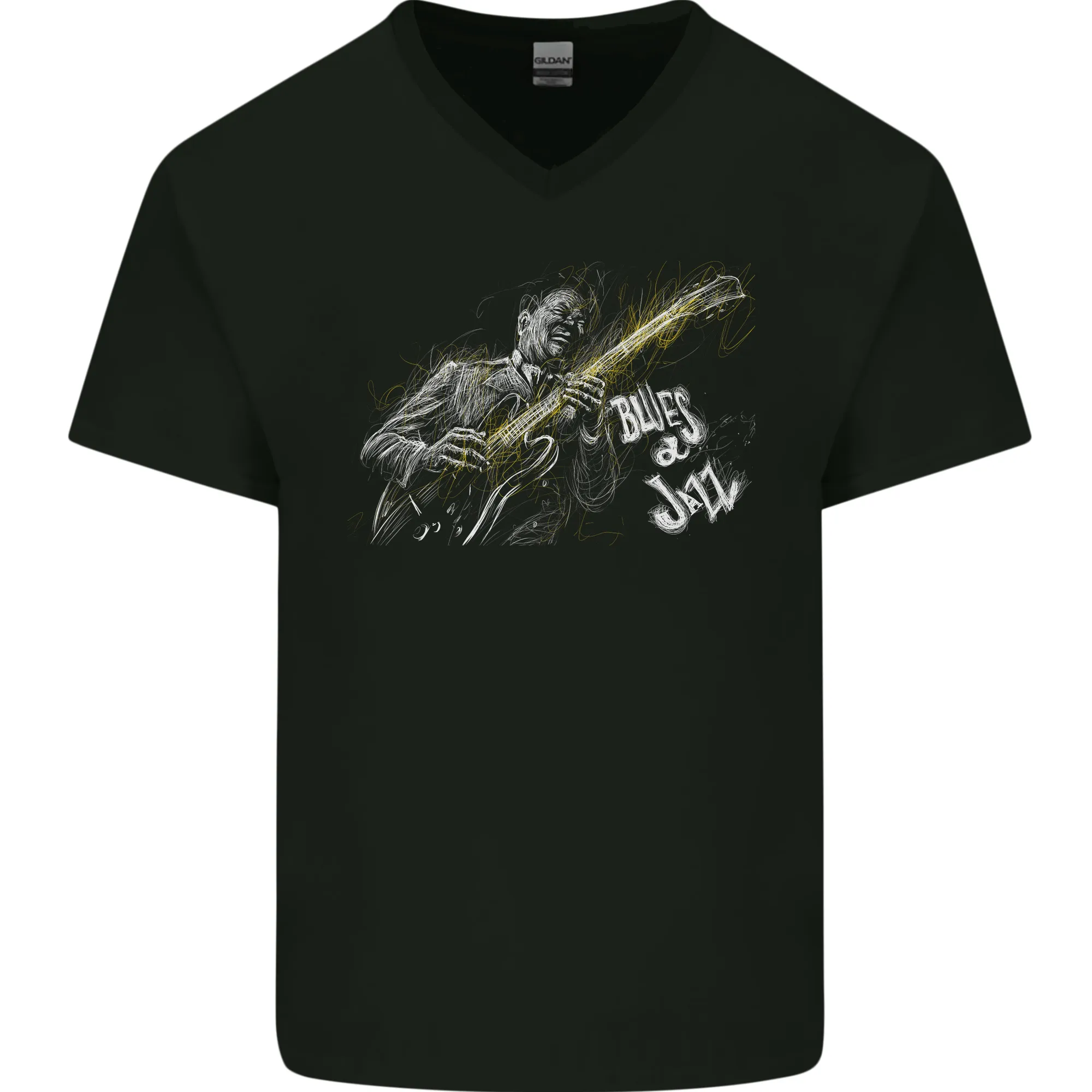Blues n Jazz Guitar Player Mens V-Neck Cotton T-Shirt
