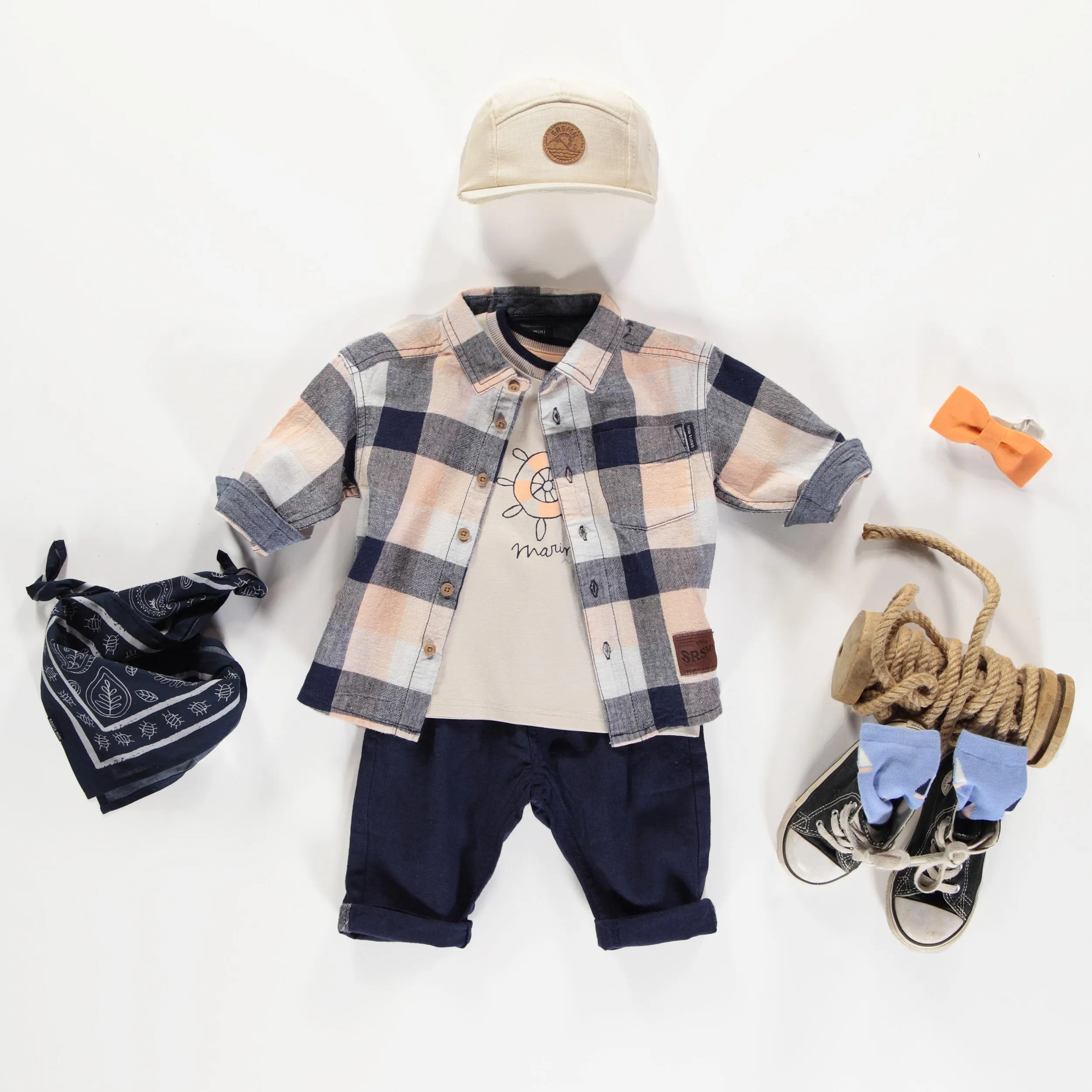 Chemise à manches longues orange et marine à carreaux en lin et coton, bébé || Orange and navy plaid long sleeves shirt in linen and cotton, baby
