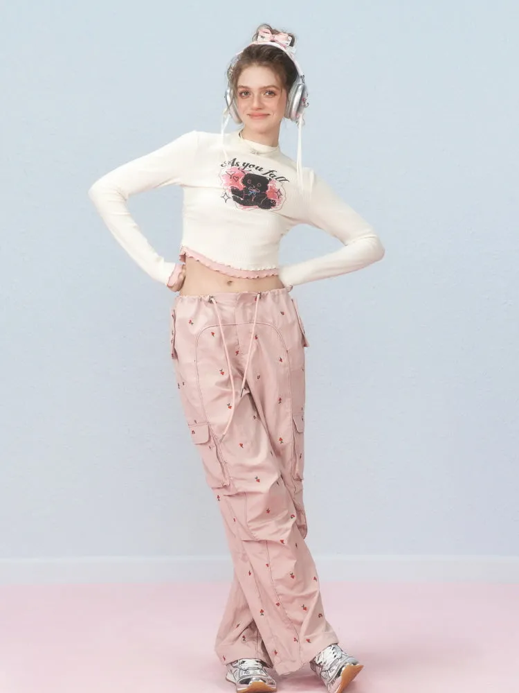 Cherry Blossom Embroidered Cargo Pants