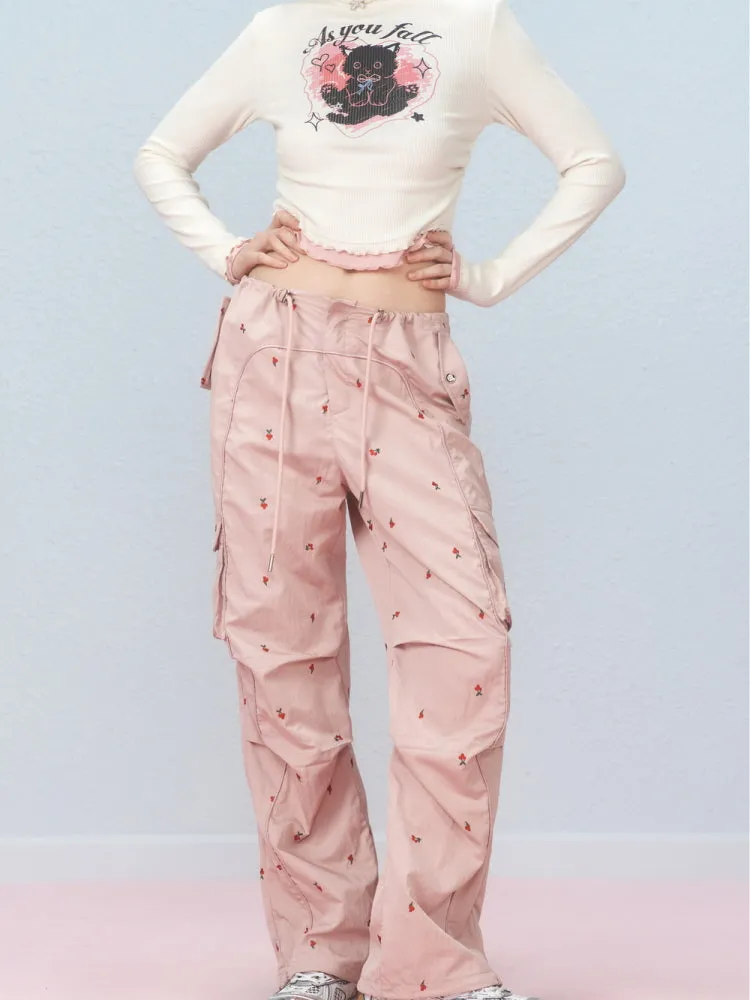 Cherry Blossom Embroidered Cargo Pants
