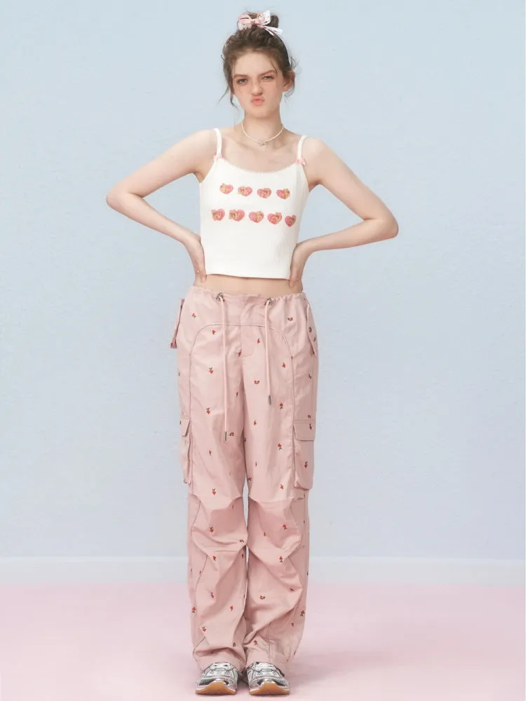 Cherry Blossom Embroidered Cargo Pants
