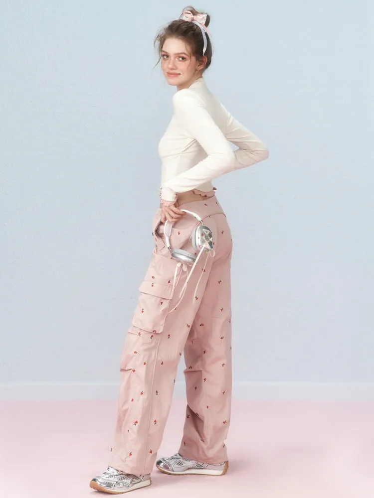 Cherry Blossom Embroidered Cargo Pants