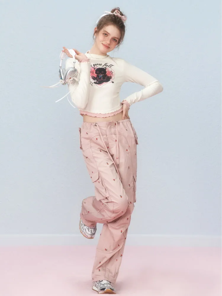 Cherry Blossom Embroidered Cargo Pants