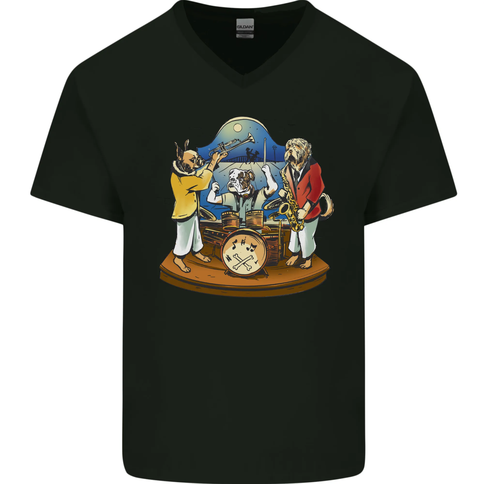 Dog Jazz Band Funny Music Mens V-Neck Cotton T-Shirt