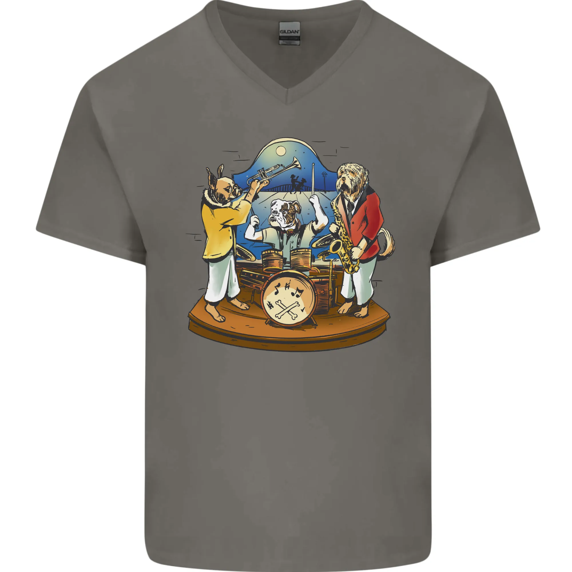 Dog Jazz Band Funny Music Mens V-Neck Cotton T-Shirt