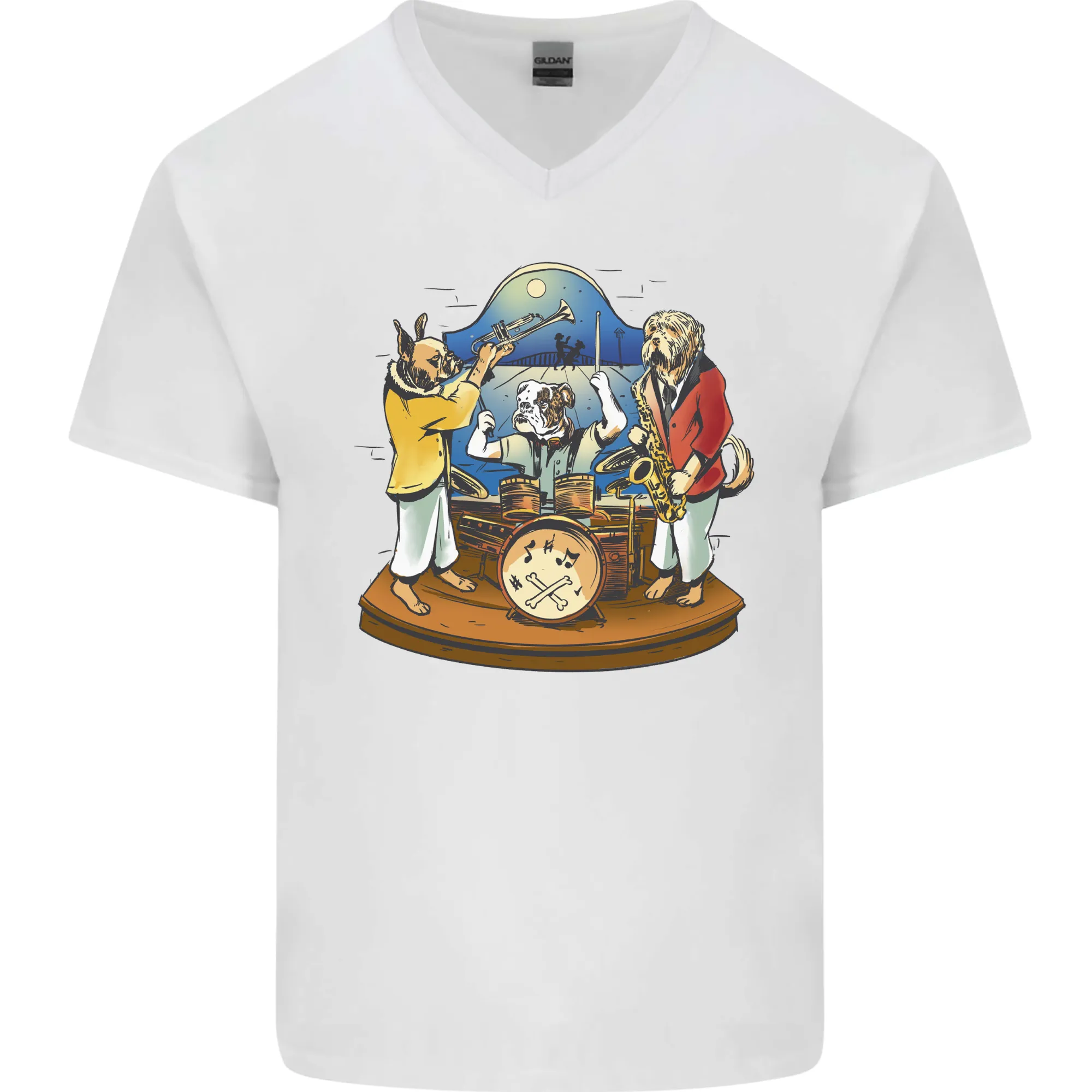 Dog Jazz Band Funny Music Mens V-Neck Cotton T-Shirt