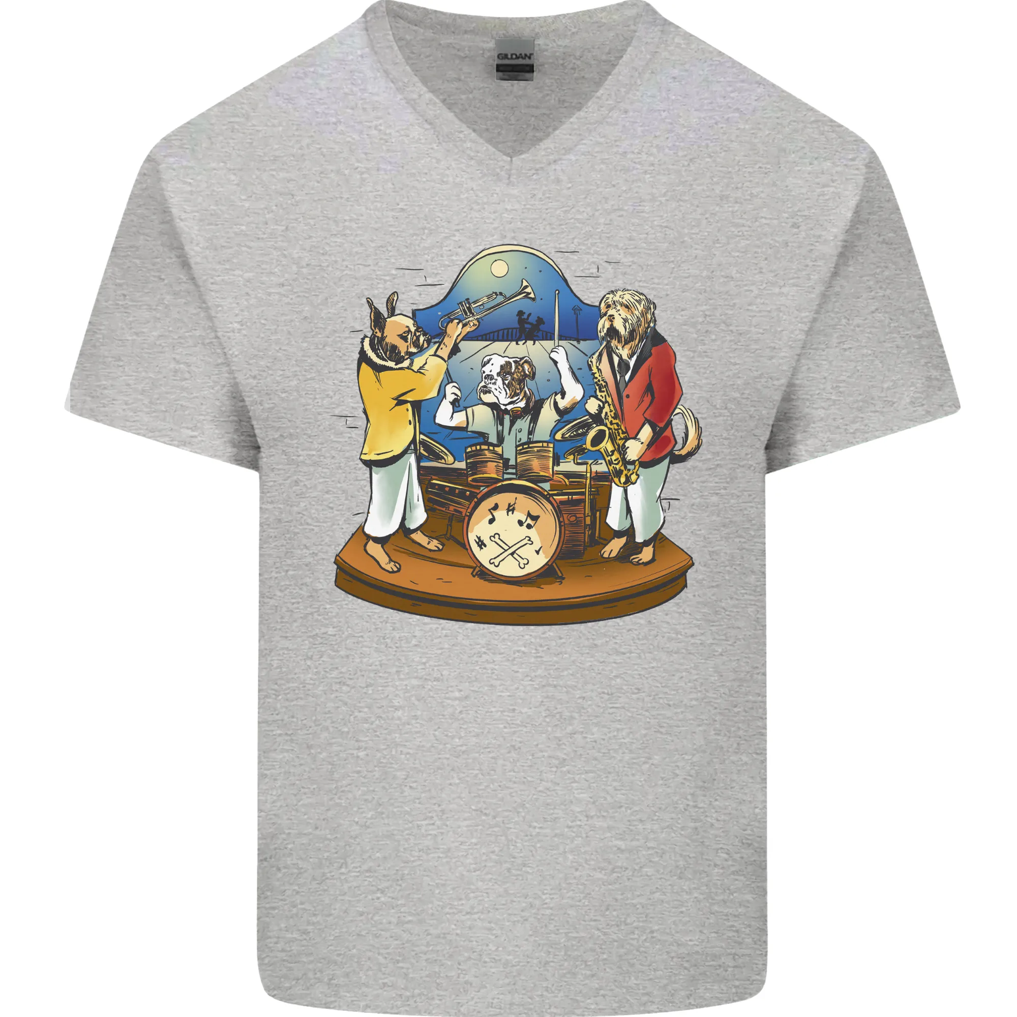 Dog Jazz Band Funny Music Mens V-Neck Cotton T-Shirt