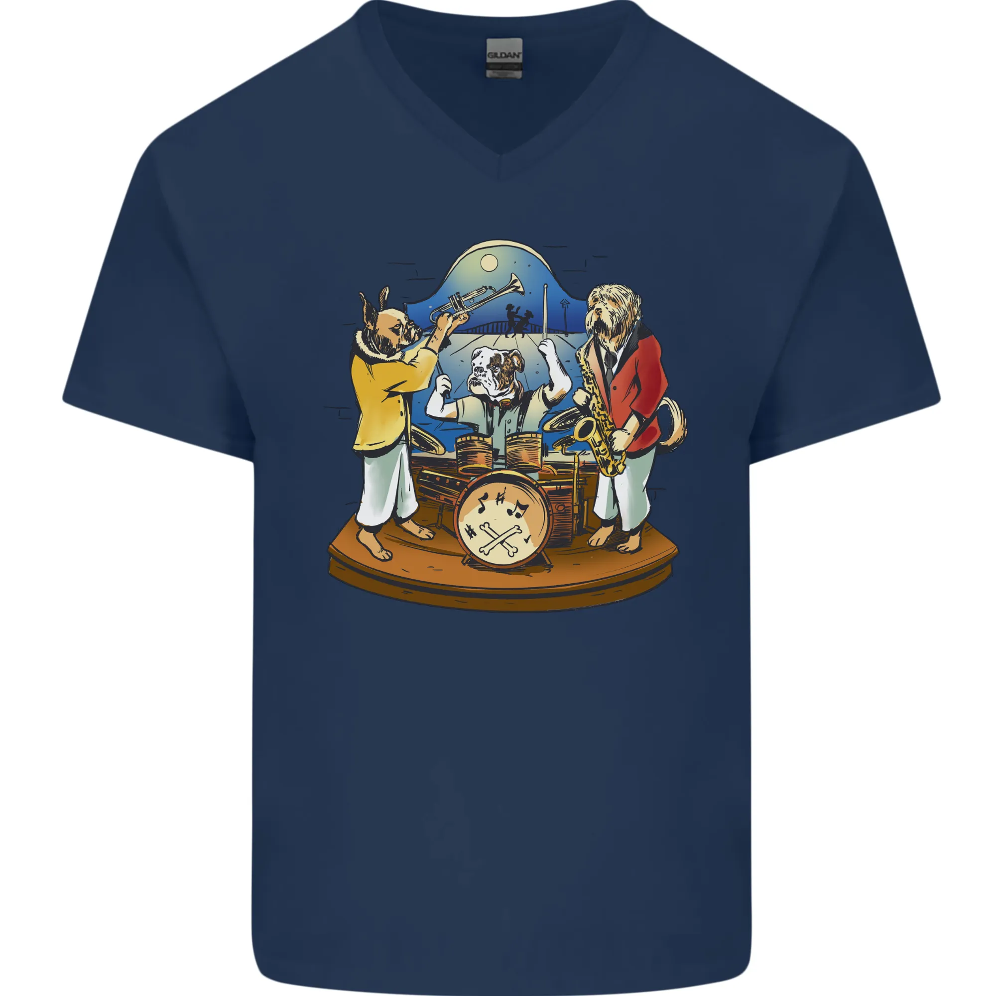 Dog Jazz Band Funny Music Mens V-Neck Cotton T-Shirt