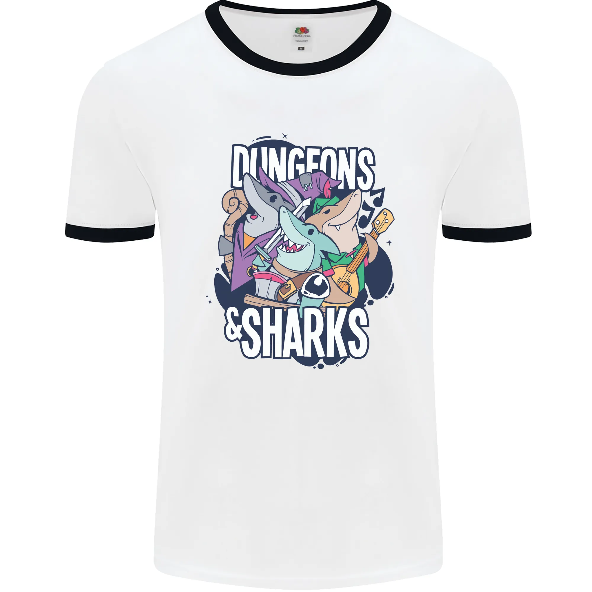 Dungeons & Sharks Role Play Games RPG Mens Ringer T-Shirt