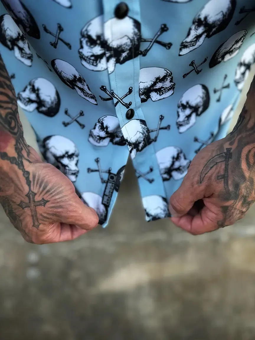 ESSENTIAL BLUE SKULL N BONES BLACK PEARL SNAP BUTTON UP