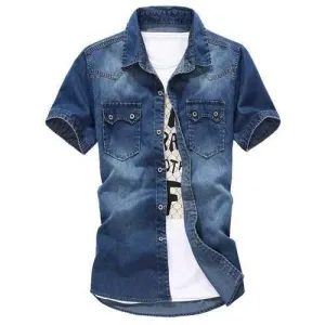 Exquisite Pocket Turn-down Collar Slimming Fashion Design Short Sleeves Men's Denim Shirt - Deep Blue 2xl
