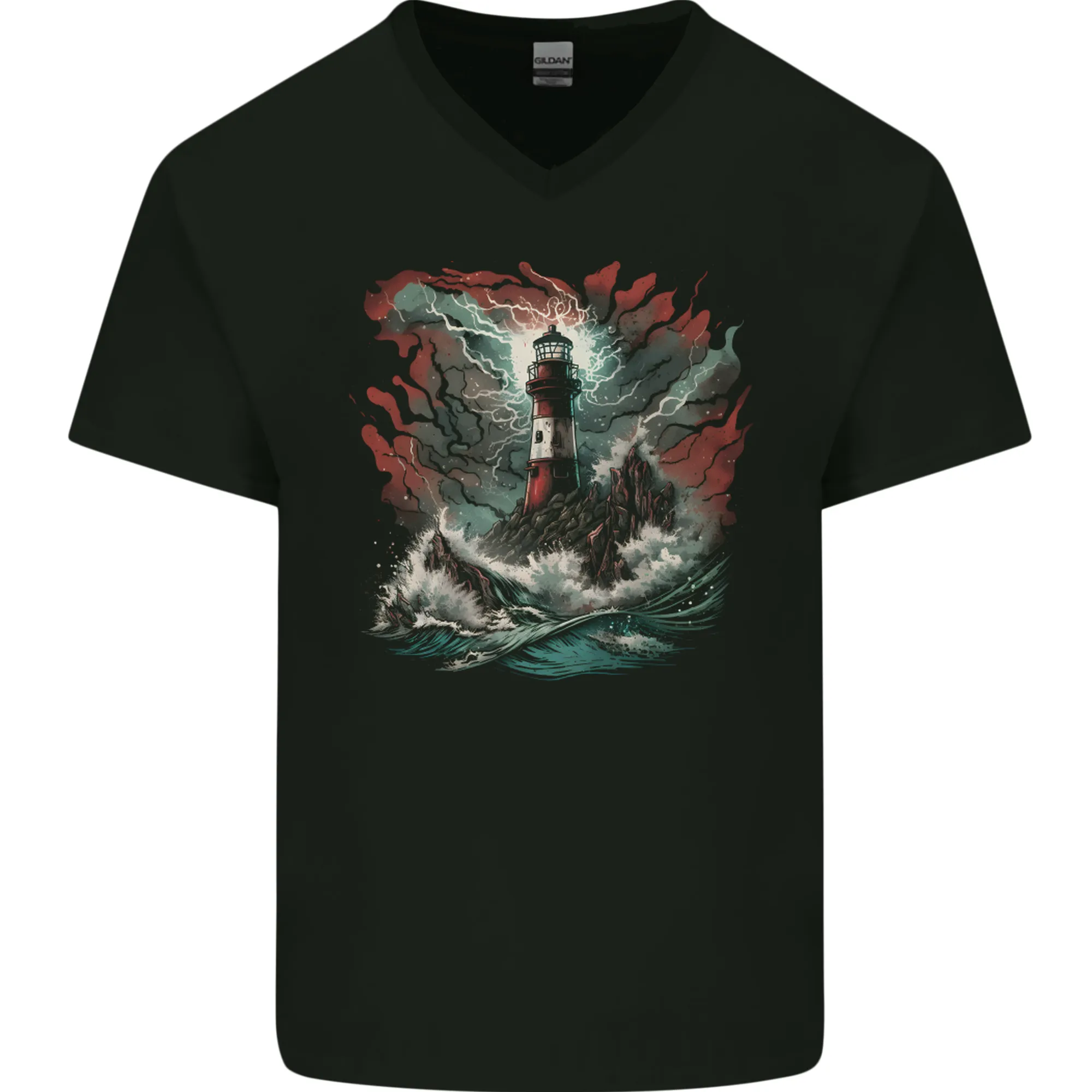 Fantasy Lighthouse Storm Mens V-Neck Cotton T-Shirt