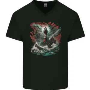 Fantasy Lighthouse Storm Mens V-Neck Cotton T-Shirt
