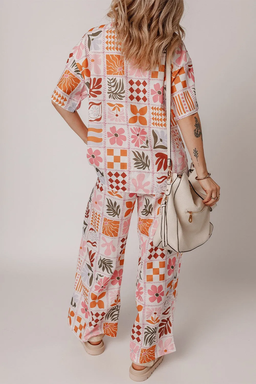 Floral Checkered Shirt and Wide Leg Pant