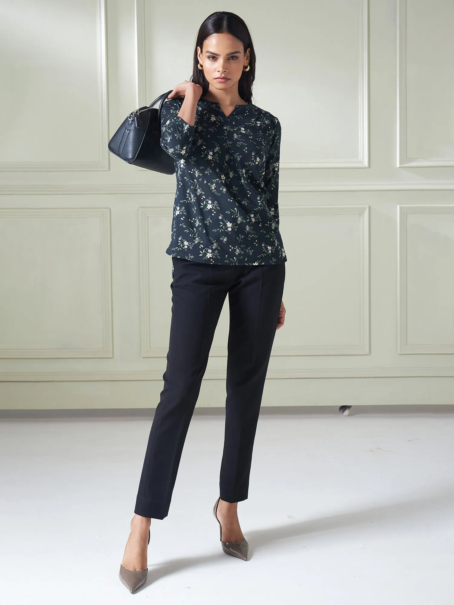 Jasper Floral High-Low Pleated Top - Black