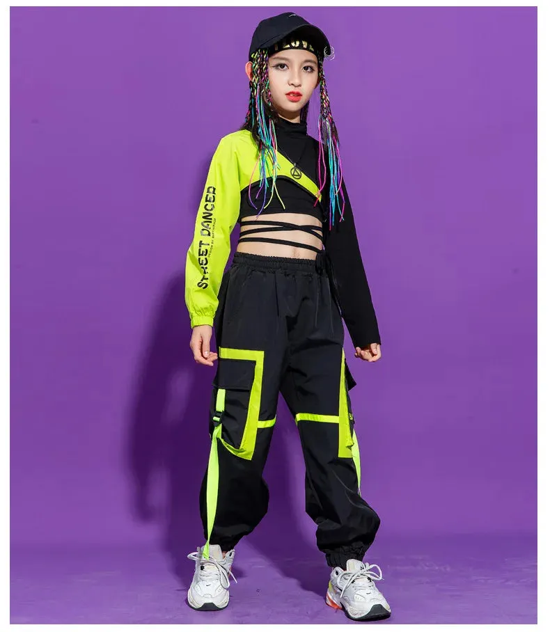 Kids K-Pop Hip Hop Sweatshirt Crop Top & Cargo Jogger Pants for Jazz Dance Costume