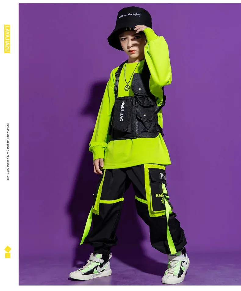 Kids K-Pop Hip Hop Sweatshirt Crop Top & Cargo Jogger Pants for Jazz Dance Costume