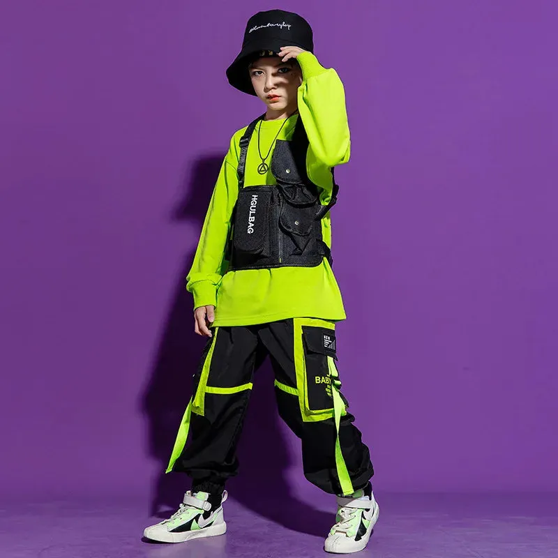 Kids K-Pop Hip Hop Sweatshirt Crop Top & Cargo Jogger Pants for Jazz Dance Costume