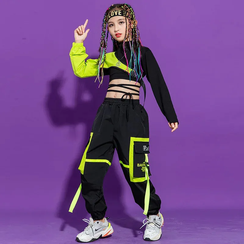 Kids K-Pop Hip Hop Sweatshirt Crop Top & Cargo Jogger Pants for Jazz Dance Costume