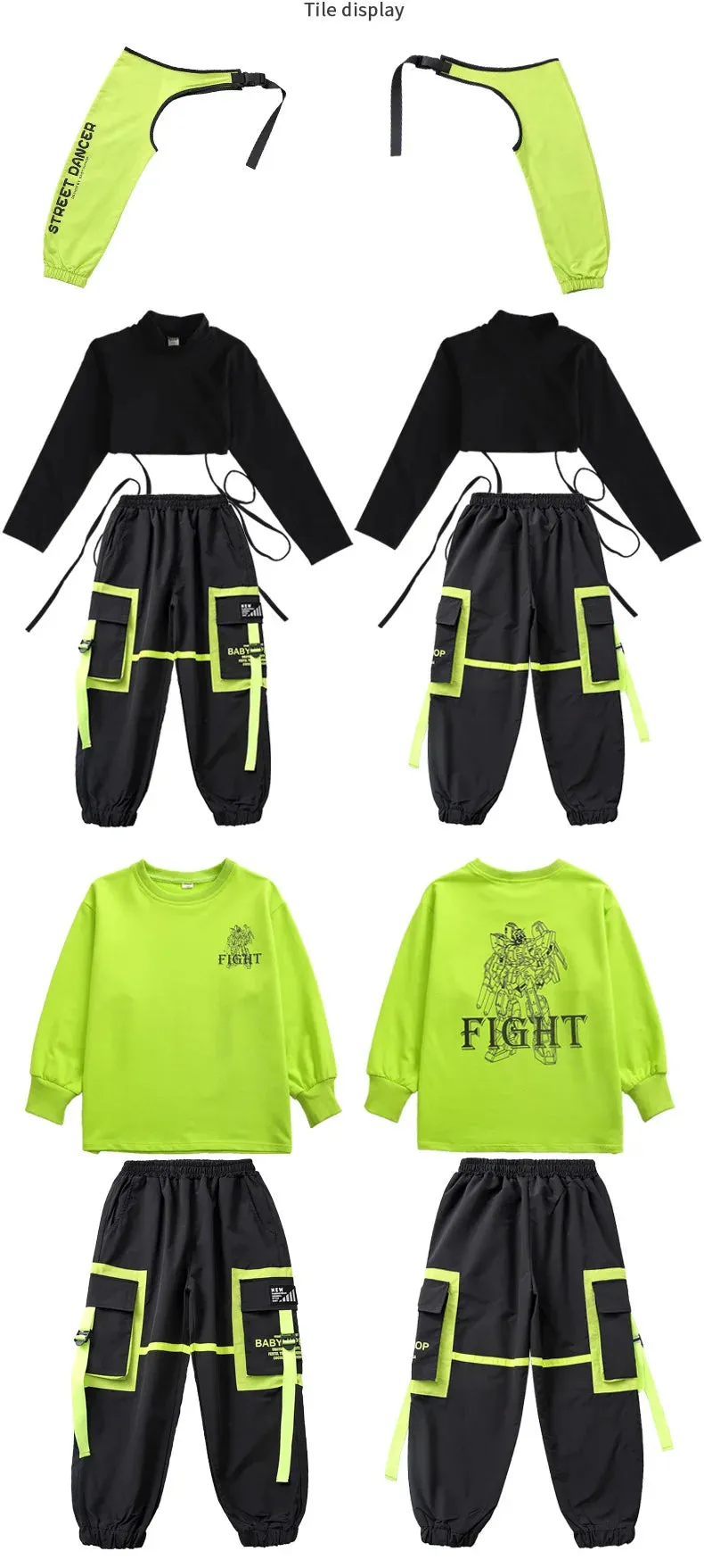 Kids K-Pop Hip Hop Sweatshirt Crop Top & Cargo Jogger Pants for Jazz Dance Costume