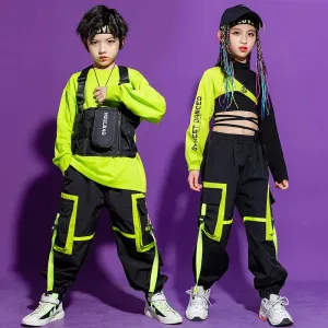 Kids K-Pop Hip Hop Sweatshirt Crop Top & Cargo Jogger Pants for Jazz Dance Costume