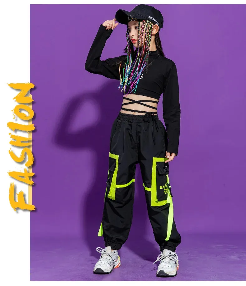 Kids K-Pop Hip Hop Sweatshirt Crop Top & Cargo Jogger Pants for Jazz Dance Costume