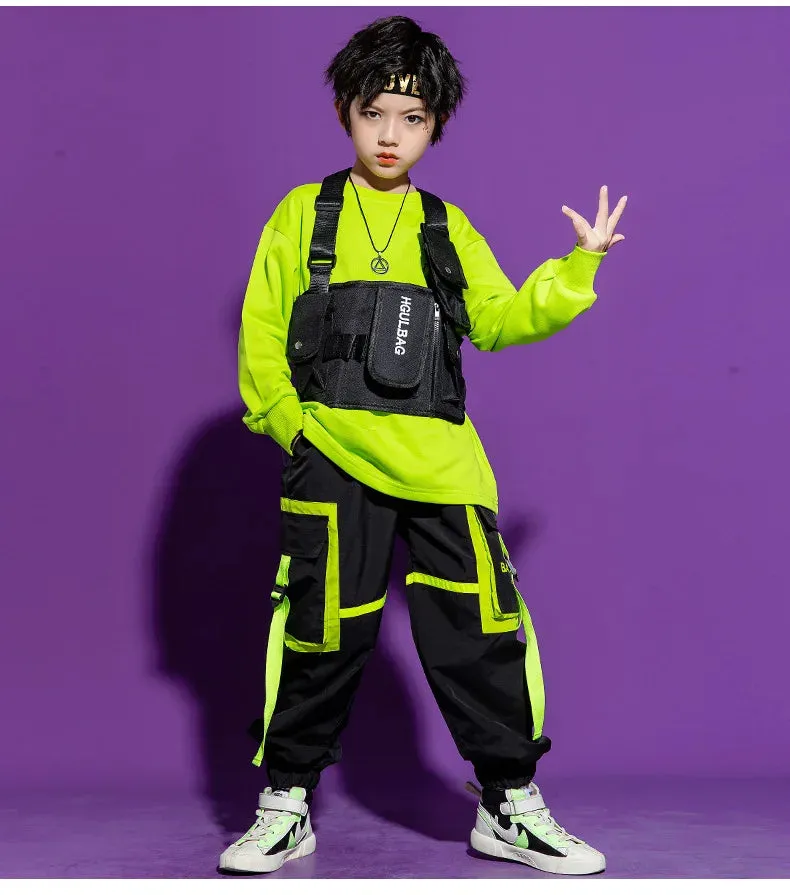 Kids K-Pop Hip Hop Sweatshirt Crop Top & Cargo Jogger Pants for Jazz Dance Costume