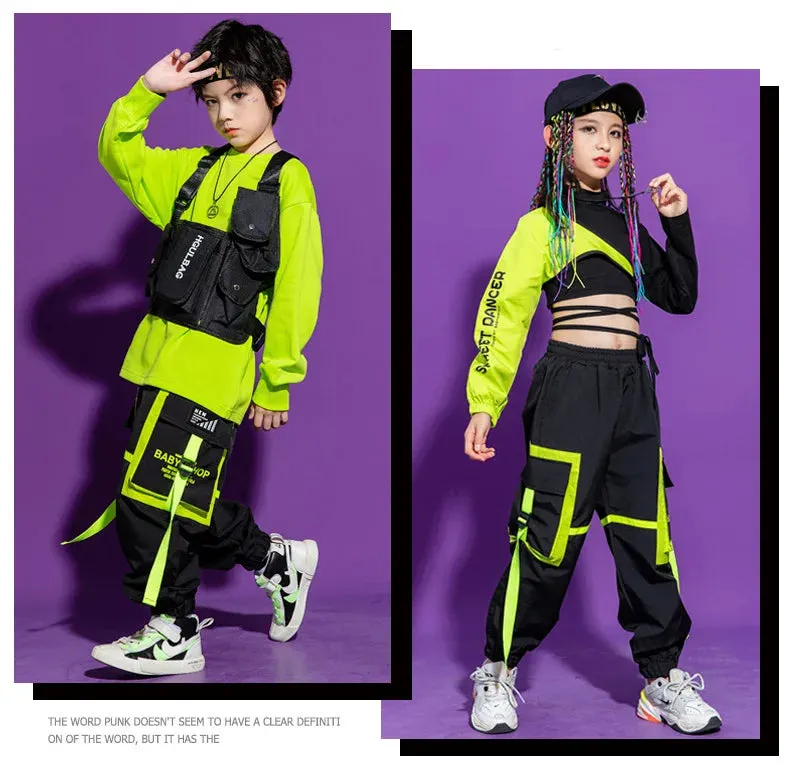 Kids K-Pop Hip Hop Sweatshirt Crop Top & Cargo Jogger Pants for Jazz Dance Costume