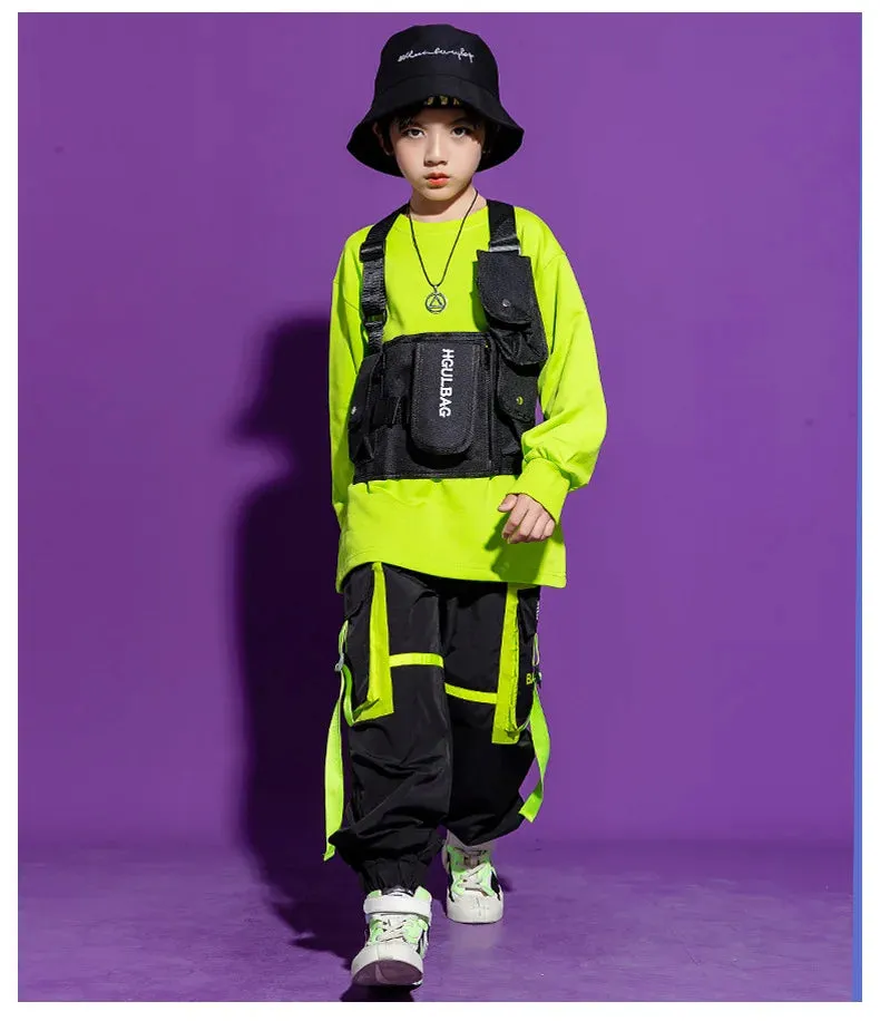 Kids K-Pop Hip Hop Sweatshirt Crop Top & Cargo Jogger Pants for Jazz Dance Costume
