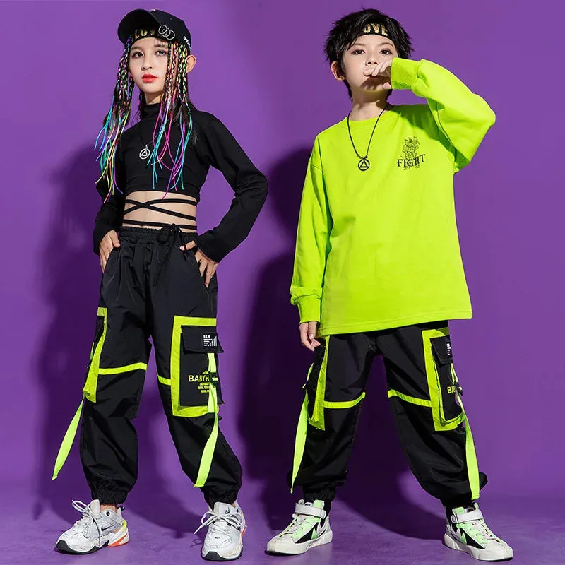Kids K-Pop Hip Hop Sweatshirt Crop Top & Cargo Jogger Pants for Jazz Dance Costume