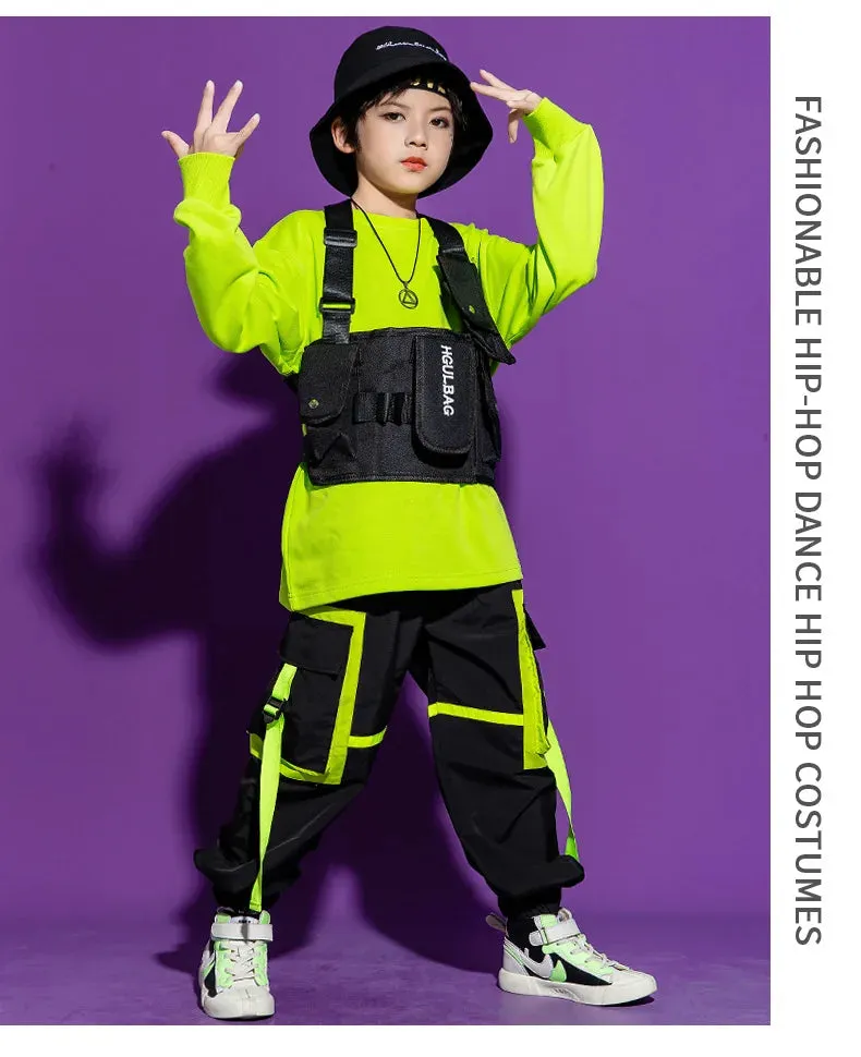 Kids K-Pop Hip Hop Sweatshirt Crop Top & Cargo Jogger Pants for Jazz Dance Costume
