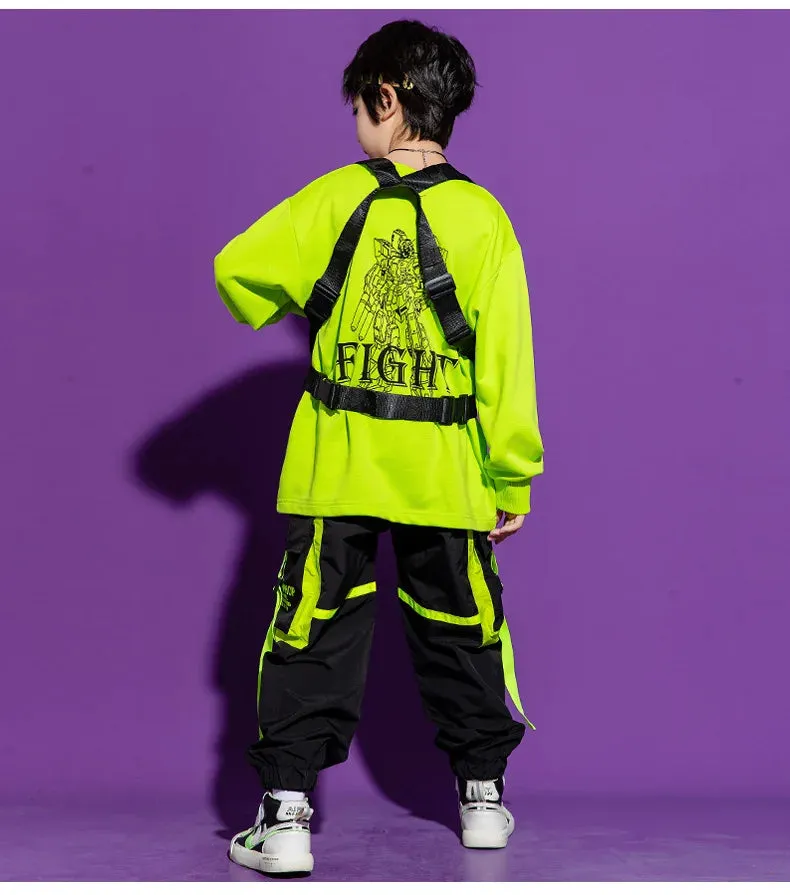Kids K-Pop Hip Hop Sweatshirt Crop Top & Cargo Jogger Pants for Jazz Dance Costume