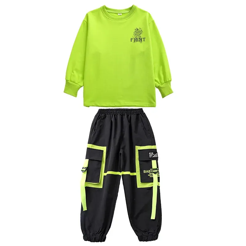 Kids K-Pop Hip Hop Sweatshirt Crop Top & Cargo Jogger Pants for Jazz Dance Costume
