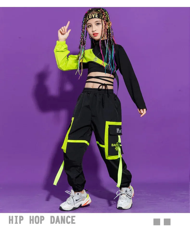 Kids K-Pop Hip Hop Sweatshirt Crop Top & Cargo Jogger Pants for Jazz Dance Costume