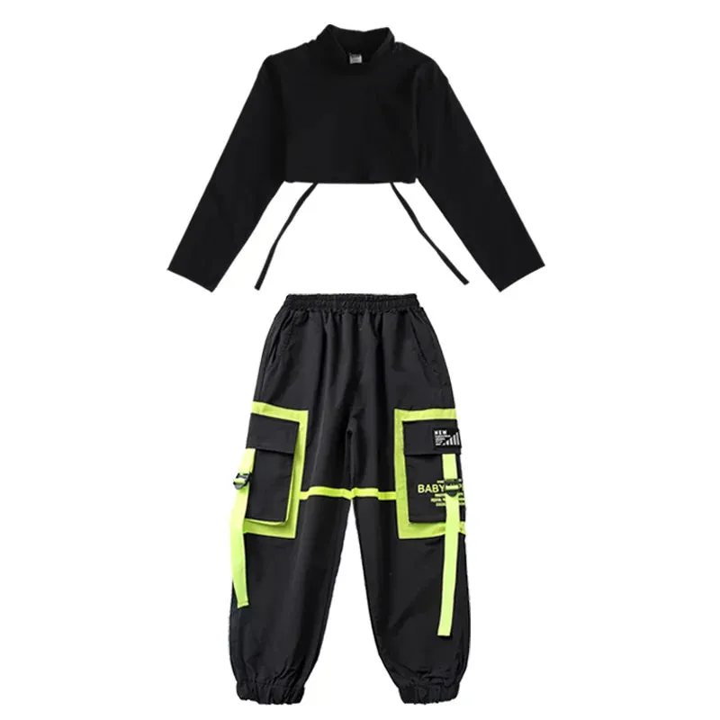 Kids K-Pop Hip Hop Sweatshirt Crop Top & Cargo Jogger Pants for Jazz Dance Costume