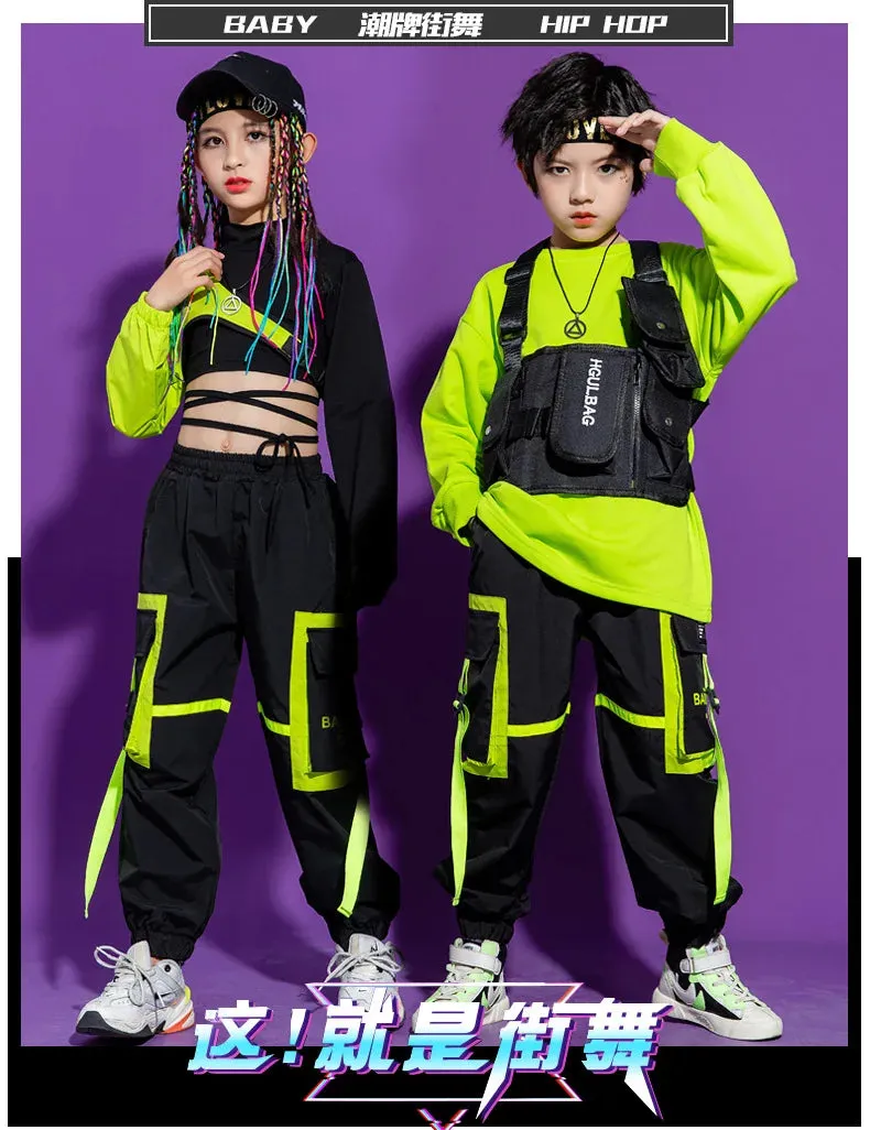 Kids K-Pop Hip Hop Sweatshirt Crop Top & Cargo Jogger Pants for Jazz Dance Costume
