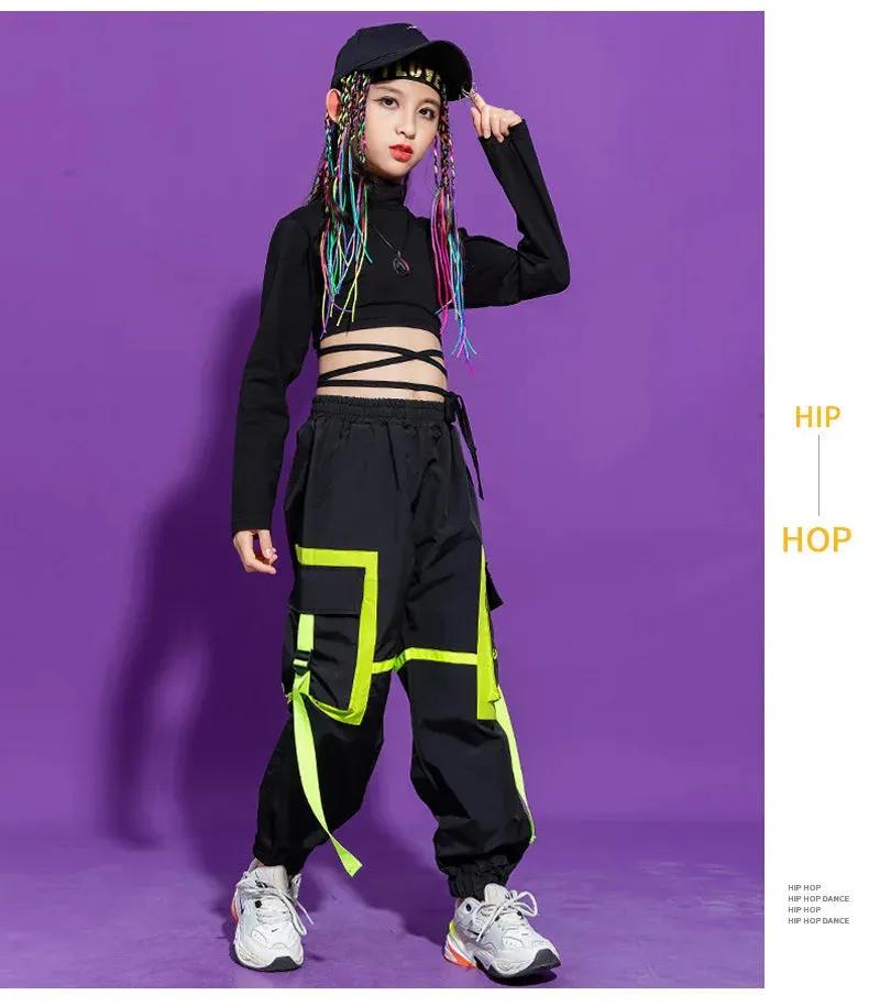 Kids K-Pop Hip Hop Sweatshirt Crop Top & Cargo Jogger Pants for Jazz Dance Costume