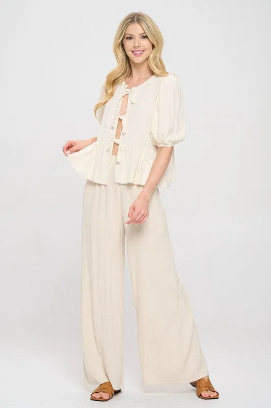 Made in USA Linen Puff Sleeve Top w Front Bow