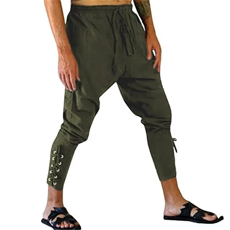 Men's Casual Anklet Trousers Mid-Century Pirate Pants with Belt
