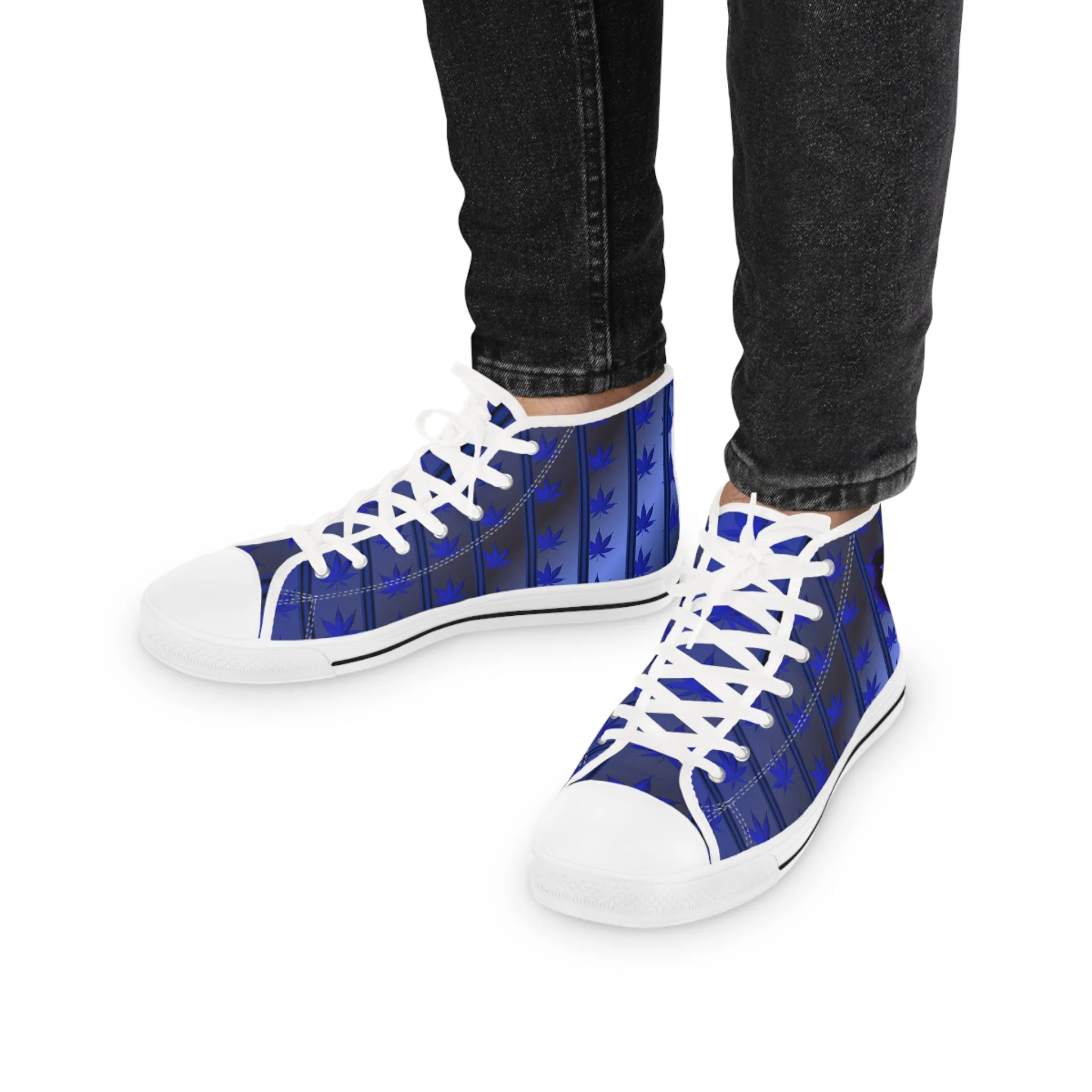 Men's High Top Sneakers with Blue Leaf Design - Stylish Footwear for Casual Vibes