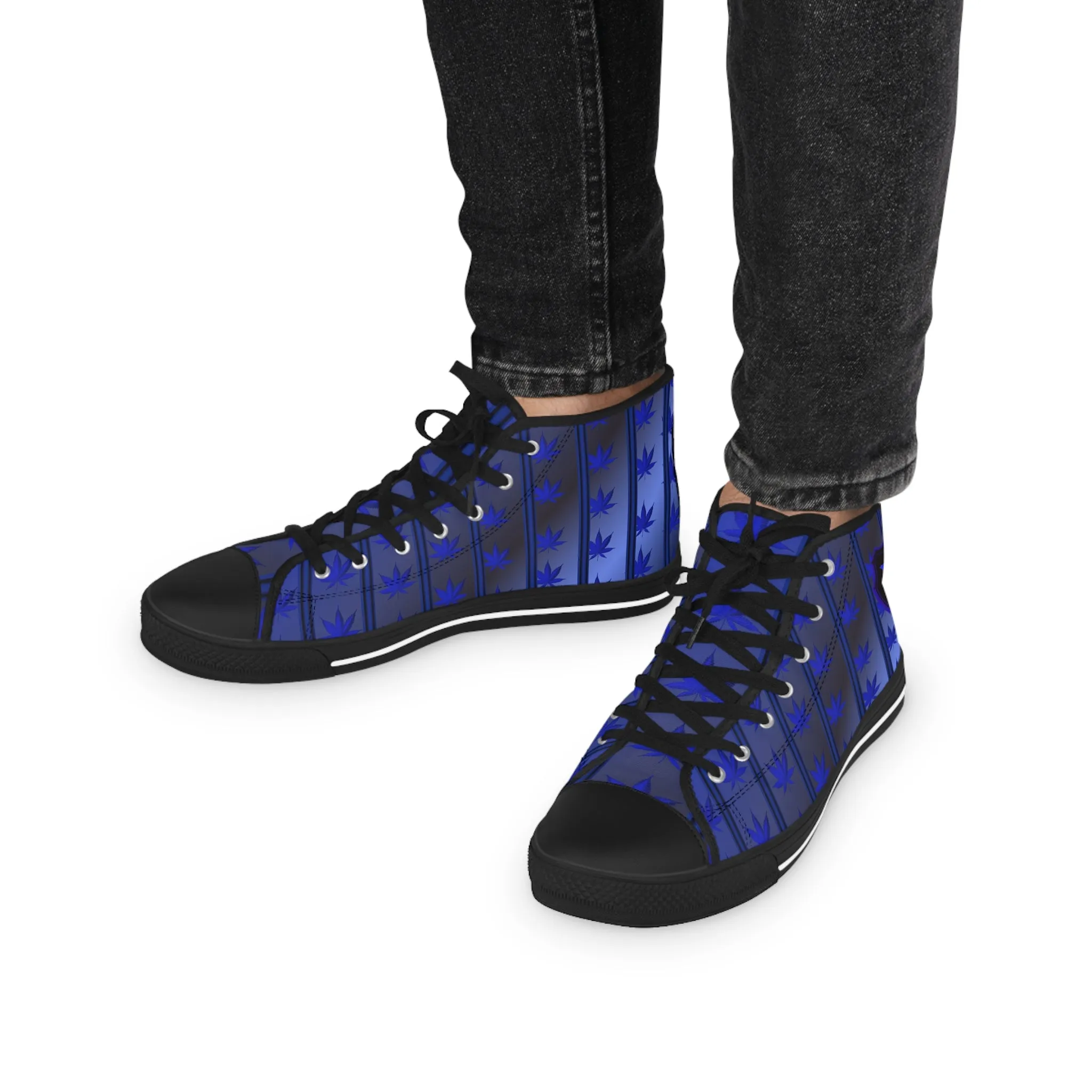 Men's High Top Sneakers with Blue Leaf Design - Stylish Footwear for Casual Vibes