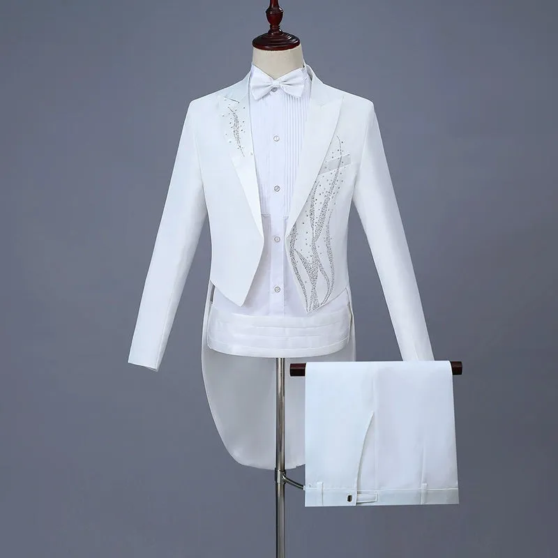Men's Jazz Dance Costumes Men Performing Dresses Hot Drill Swallowtail Dresses Black and White Magician Bel Canto Singer Conductor Dresses Wedding Suit Colored Drill