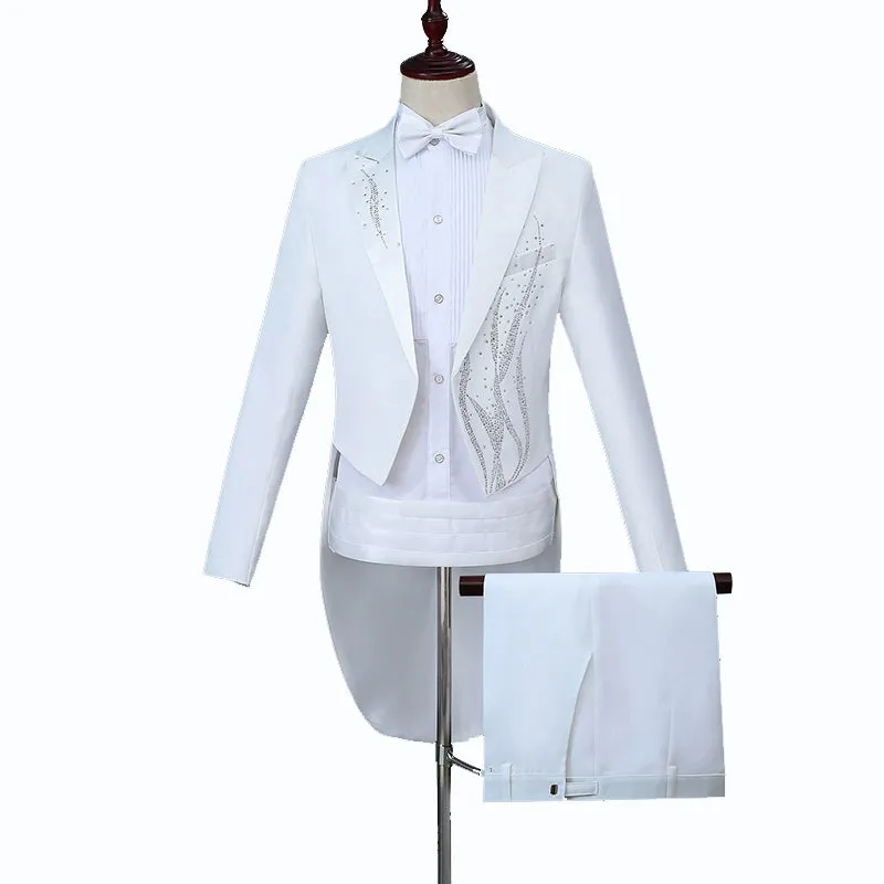 Men's Jazz Dance Costumes Men Performing Dresses Hot Drill Swallowtail Dresses Black and White Magician Bel Canto Singer Conductor Dresses Wedding Suit Colored Drill