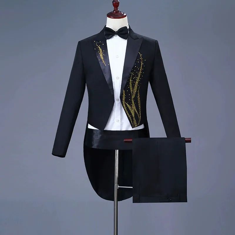 Men's Jazz Dance Costumes Men Performing Dresses Hot Drill Swallowtail Dresses Black and White Magician Bel Canto Singer Conductor Dresses Wedding Suit Colored Drill