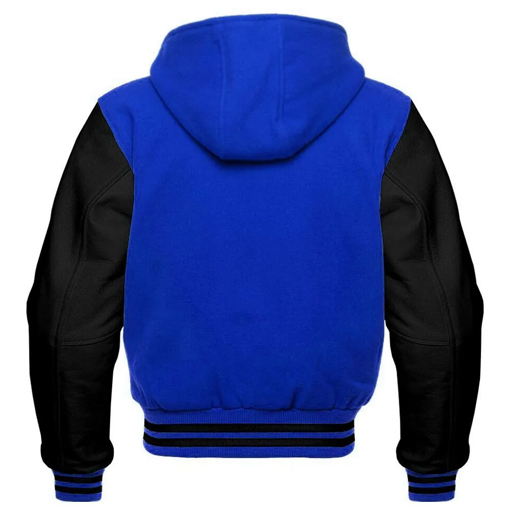 Men's Royal Blue and Black Hooded Varsity Jacket